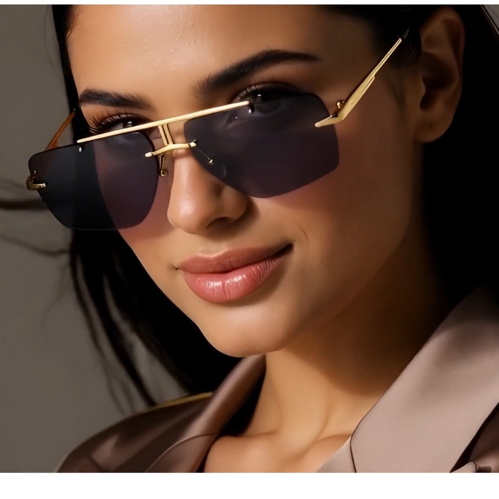 Oversized Rimless Sunglasses Gold Frame Dark‎ Lens Women Fashion Accessory UV400